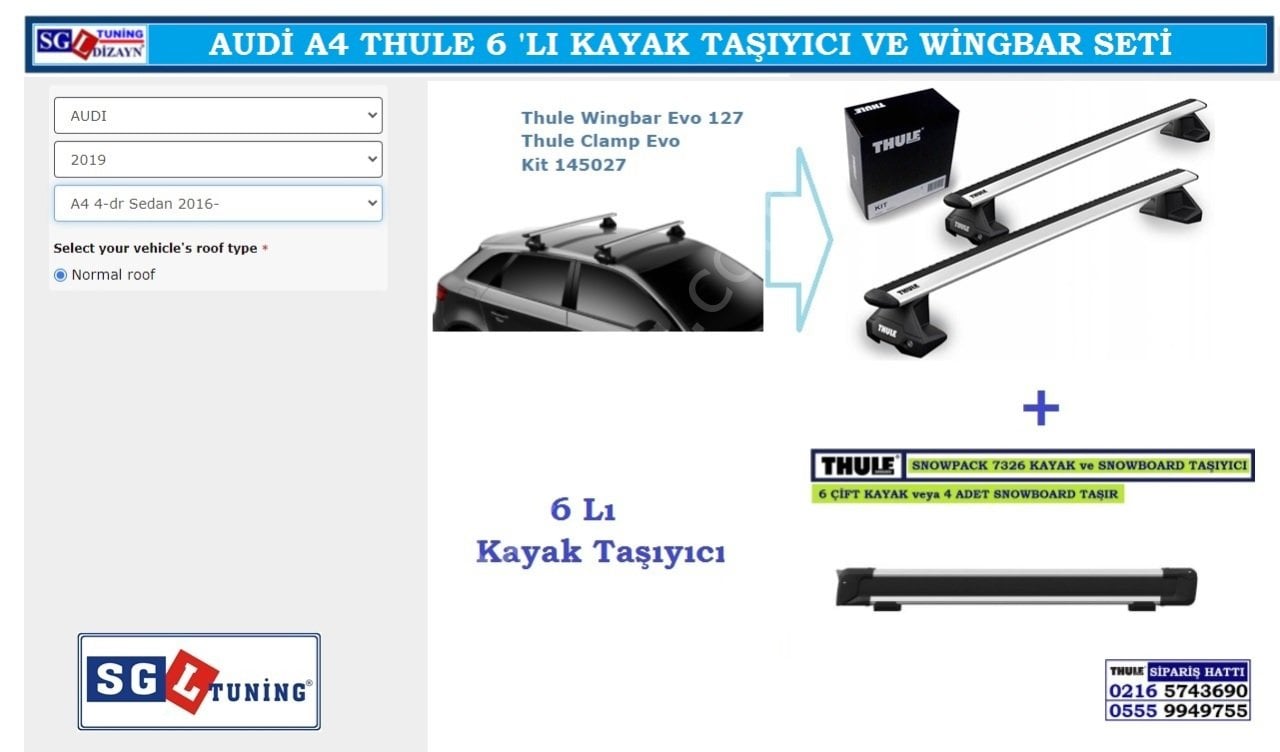 Audi A4 sedan Thule 6 LI Kayak Taşıyıcı ve Wing Bar Seti