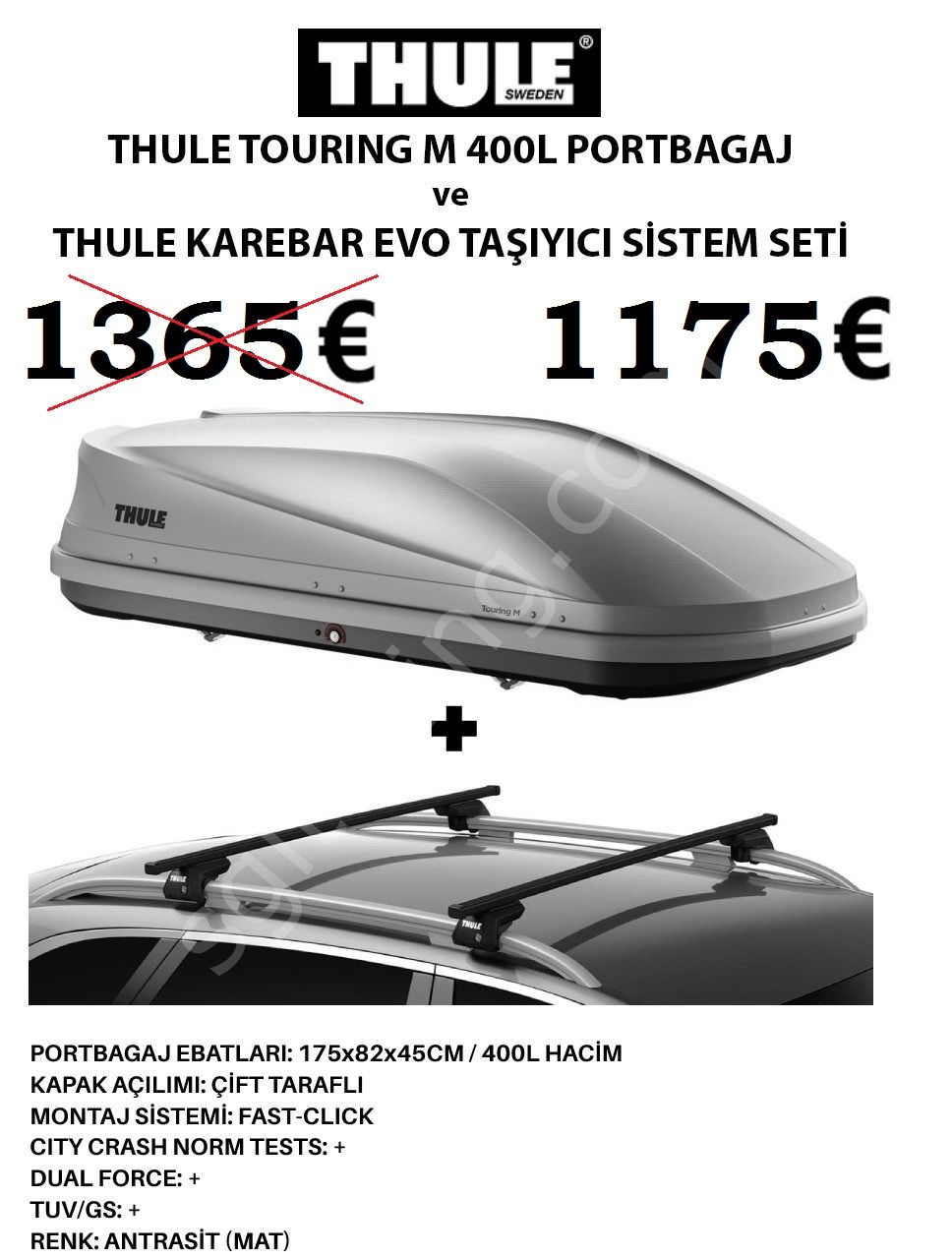 THULE ÖZEL FİYAT TOURİNG M GRİ (400 LİTRE) BOX VE ÇELİK BAR SETİ